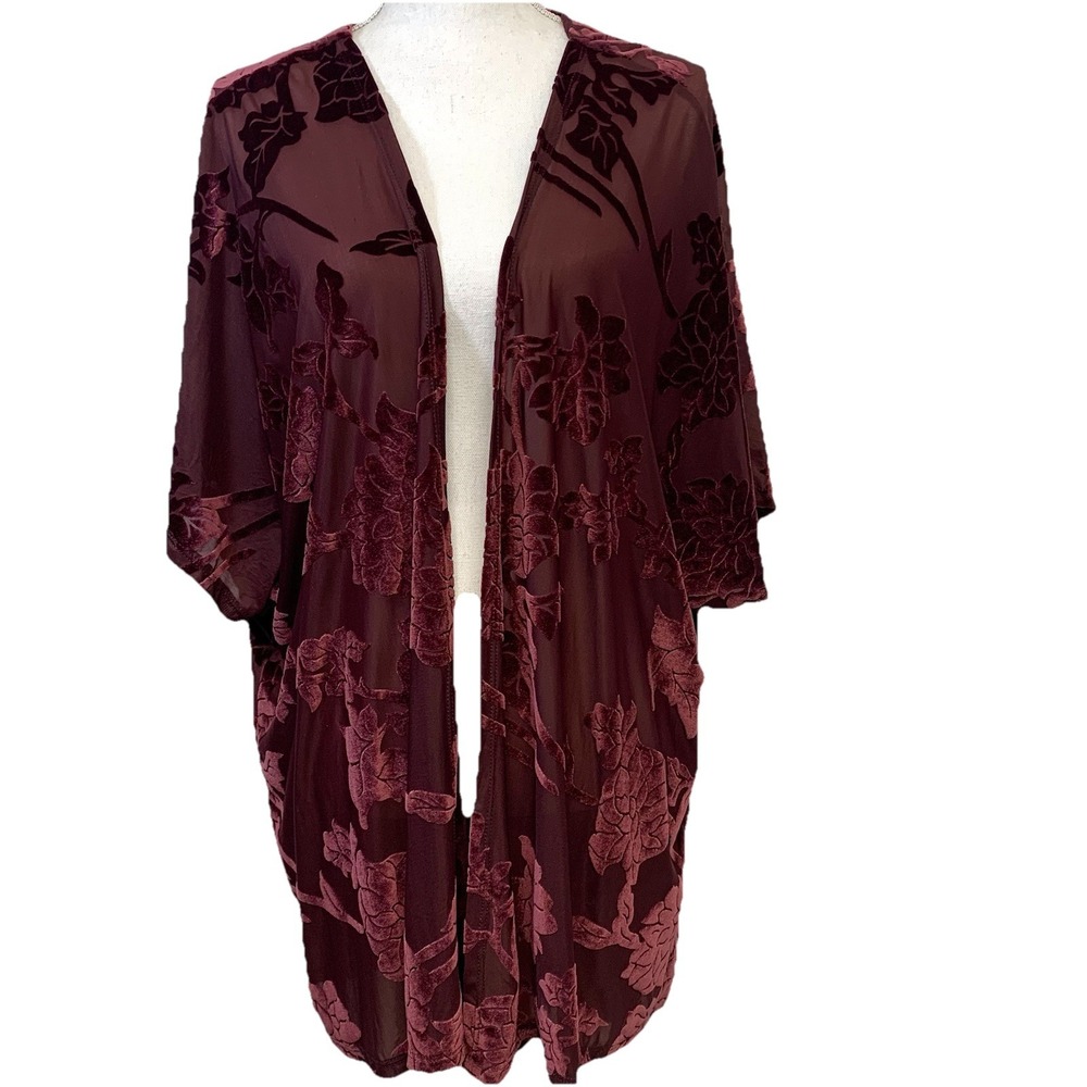 Torrid  Velvet Burnout Kimono‎ Floral Hi Low 1X Burgendy Layer Boho Fairy USA